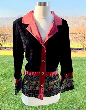 Coldwater Creek Small Jacket Velvet Button Front Black Wine Tapestry Holiday thumbnail 1