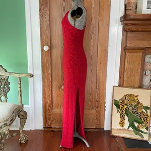 J USA Red Beaded Strappy Back Y2K Maxi Evening Dress Vintage 90’s Sz Large💛🍄 thumbnail 9