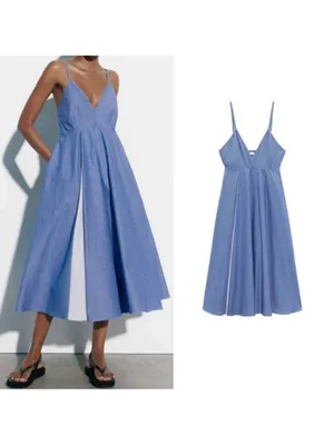 Zara Blue-and-White Panel Spaghetti-Strap Midi Dress thumbnail 2