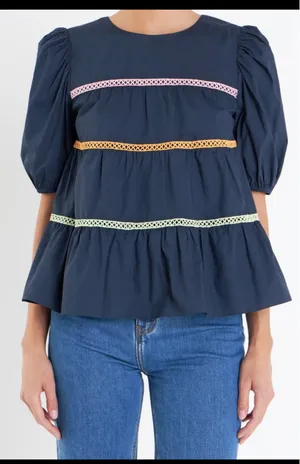 English Factory Navy Top with Multicolor Accents thumbnail 2