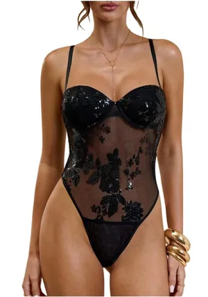 NWT MakeMeChic Sequin Mesh Bodysuit Black Floral Glitter Cami Small thumbnail 1