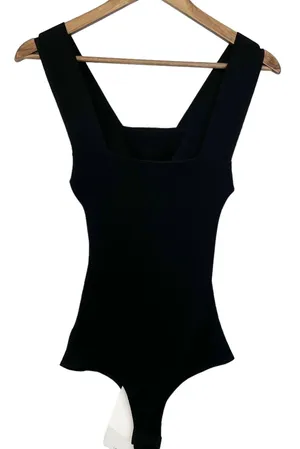 Olivaceous Size S Ribbed Bodysuit Square Neck Cutout Back Thong‎ Black Stretchy thumbnail 1