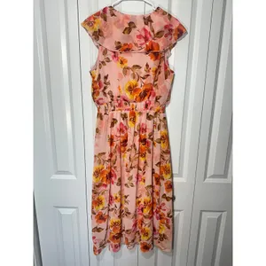 Stella & Julie Midi Dress Womens 14 Pink Floral Ruffle Sleeveless Garden Party thumbnail 3