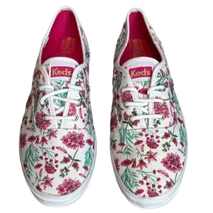 Keds Women 6.5 White Pink Floral Canvas Sneakers‎ Low Top Whimsical Feminine thumbnail 1