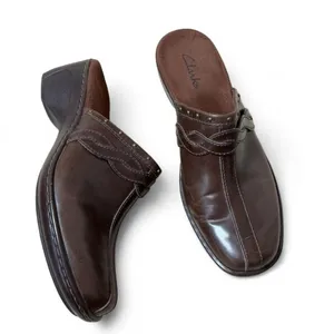 Clarks Braided Leather Mules Women 9 Brown Block Heel Clogs Studded 71469 SlipOn thumbnail 2