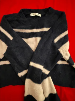 Altar'd State Cropped Fuzzy Navy and White striped sweater thumbnail 1