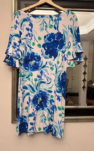 Lilly Pulitzer Midi Dress, Blue and White Floral Print, Size Medium thumbnail 1