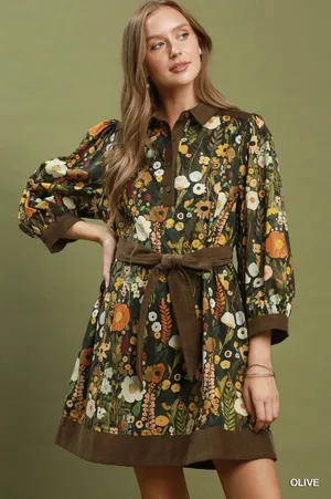 Umgee Floral Print Belted Puff Sleeve Mini Dress - Olive - Small thumbnail 1
