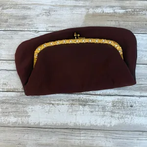 American Vintage VTG 60s Garay Purse Clutch Brown Fabric Gold Flowers Rhinestone‎ Kisslock MCM thumbnail 2
