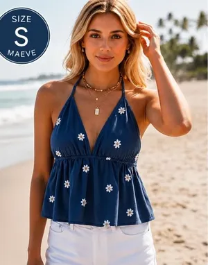 NWT Maeve Anthropologie Daisy Halter Babydoll Cami Blue Floral Medium thumbnail 1