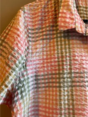 L.L.Bean Vacationland Seersucker Short Sleeve Popover Plaid Shirt Pink Green thumbnail 3
