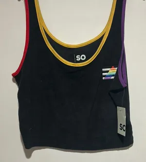 SO Black Crop Tank with Colorful Trim and a rainbow triangle. Large NWT thumbnail 1