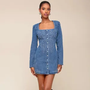 Avec Les Filles Western Embroidery Long Sleeve Straight Neck Denim Mini Dress thumbnail 6
