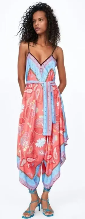 Zara Printed Floral Print Asymmetric‎ Jumpsuit Size: S thumbnail 1
