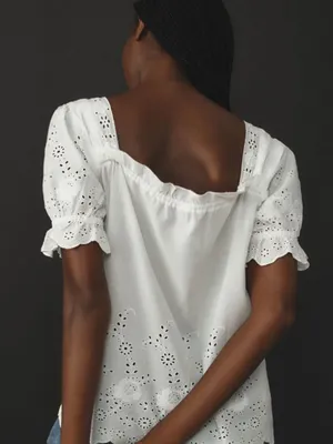 Anthropologie White Cotton Eyelet Puff Sleeve Button Front Blouse Size M thumbnail 2