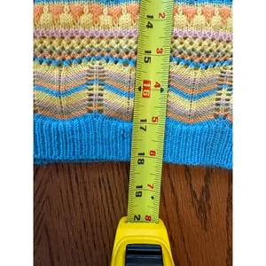 LUSH Blue Yellow Multi Crochet Knit Bell Sleeve Sweater Top Size M‎ thumbnail 4