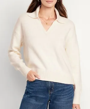 Old Navy Women's V-Neck Cream Polo Sweater Neutral Casual Collared Long Sleeve thumbnail 1