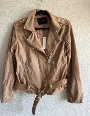 Olivaceous Faux Suede Moto Jacket Beige Size M thumbnail 1