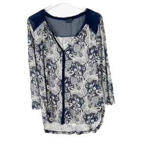 Lucky Brand Printed Woven Mix Top Button Front Navy Size Medium M EUC L1448 thumbnail 2