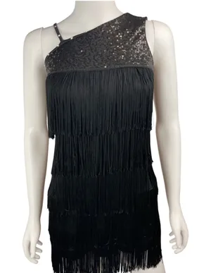 Balera Sequin Fringe One Shoulder Dress‎ Black Sleeveless Flapper Costume thumbnail 1