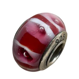 Pandora ALE 925 Sterling Silver Red White Stripe Murano Glass Charm 2.23g thumbnail 2