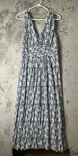 ModCloth Blue White Floral Maxi Dress Empire Waist Cottagecore Prairie‎ Large thumbnail 1