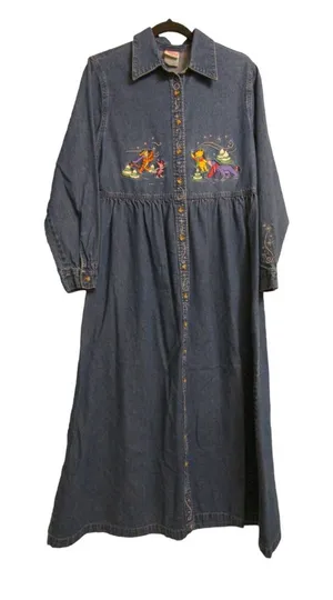 Disney Womens Shirt Dress Blue Denim Long Sleeve Embroidered Winnie The Pooh M thumbnail 1