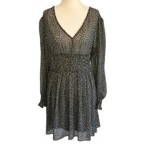 Zara Womens Green Cream Polka Dot Smocked‎ V-Neck Mini Dress L thumbnail 2