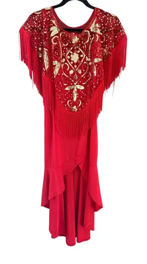 Vintage Red Fringe Sequin High Low Gown Gold Beaded Formal Dress Performance thumbnail 1