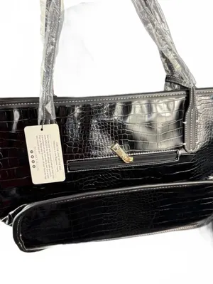 Black Croc Embossed Tote Bag with Zipper and Interior Pockets thumbnail 3