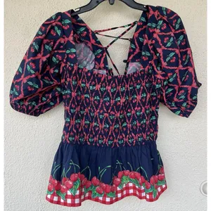 Damson Madder Allegra Cherry Pie Smocked Peplum Top UK 14 US 10 Puff Sleeve Tea thumbnail 5