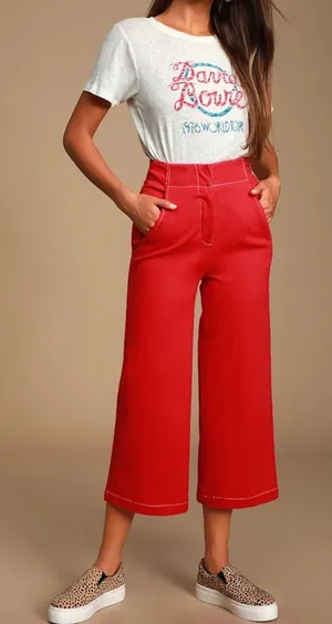 ASTR‎ The Label Nixon Red Denim Contrast Stitch Culotte Pants Wide Leg Cropped S thumbnail 1