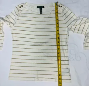 Lauren Ralph Lauren White and Gold Metallic Striped Boatneck Top thumbnail 3