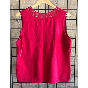 NWT Rafaella Knit Top XL Red Crochet Neckline Sleeveless Boho thumbnail 3