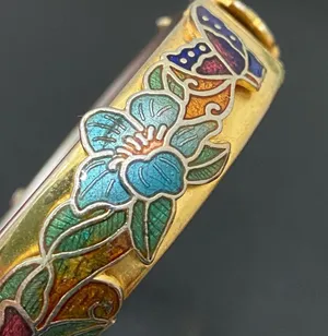 Vintage Unsigned Gold-tone Floral Flower Cloisonne Hinged Bangle Bracelet 36.2g thumbnail 11