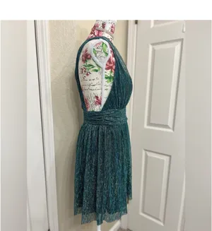Lulus metallic stripe twist back cocktail dress in gold/teal thumbnail 4
