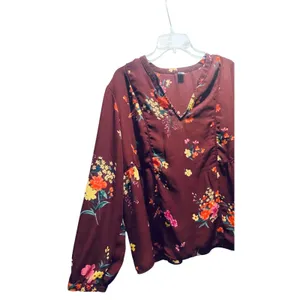 Old Navy Burgundy Floral V-Neck Peplum Blouse‎ Long Sleeve Top thumbnail 4