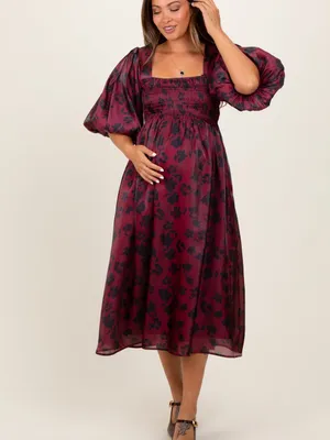 Heart of Mine Burgundy Floral Midi Dress with Puff Sleeves thumbnail 4