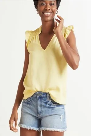 Cloth & Stone V-Neck Smocked Ruffle Blouse‎ Womens Medium Yellow Excellent Boho thumbnail 1