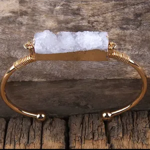 Gold tone white druzy cuff bangle bracelet thumbnail 2