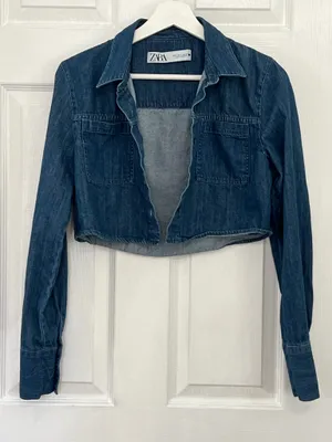 Zara Cropped Denim Shacket Utility Western Minimalist Y2K Button Up Blue Size XS thumbnail 4