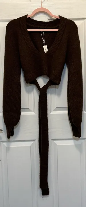 For Love And Lemons Brown Cropped V-Neck Sweater thumbnail 1