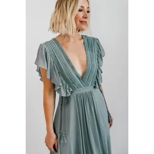 Baltic Born Jennifer Deep V Ruffle Maxi Dress Sage Green Boho Gown XS thumbnail 2