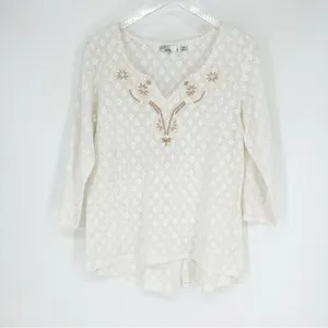 prAna Winnie Lace Embroidered V-Neck Boho Top‎ Women's Size M White Boho thumbnail 2