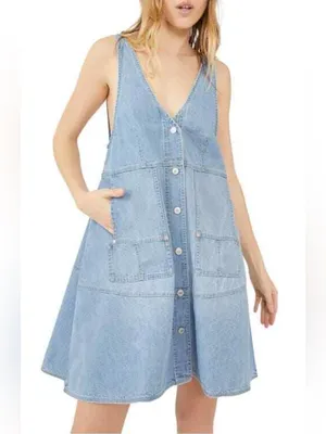 Free People We The Free Pocket Full of Sunshine Denim Mini Dress Size Medium thumbnail 4