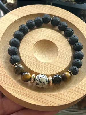 Black Lava Bead Bracelet with Dalmatian Jasper and Tiger Eye Accents thumbnail 3