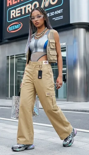 Dickies Khaki Wide‑Leg Cargo Pants with Utility Pockets thumbnail 1
