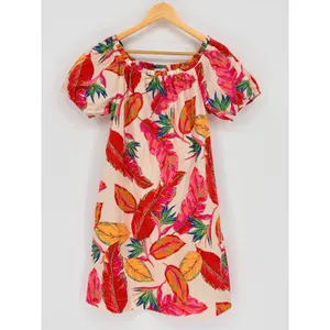 Nine West Tropical Leaf Off Shoulder Dress Small Puff Sleeve‎ Vacation Pockets thumbnail 2
