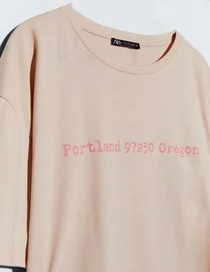 Zara Beige Cream Tan Pink Portland 97230 Oregon Slogan Logo Graphic Tee Shirt Top thumbnail 3