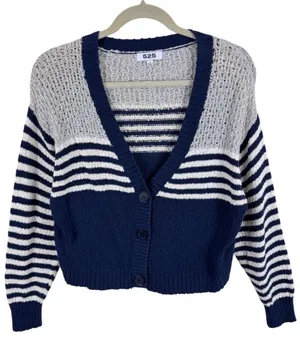 525 America Womens Navy Blue Striped Cotton Cropped V-Neck Cardigan Sweater S thumbnail 1